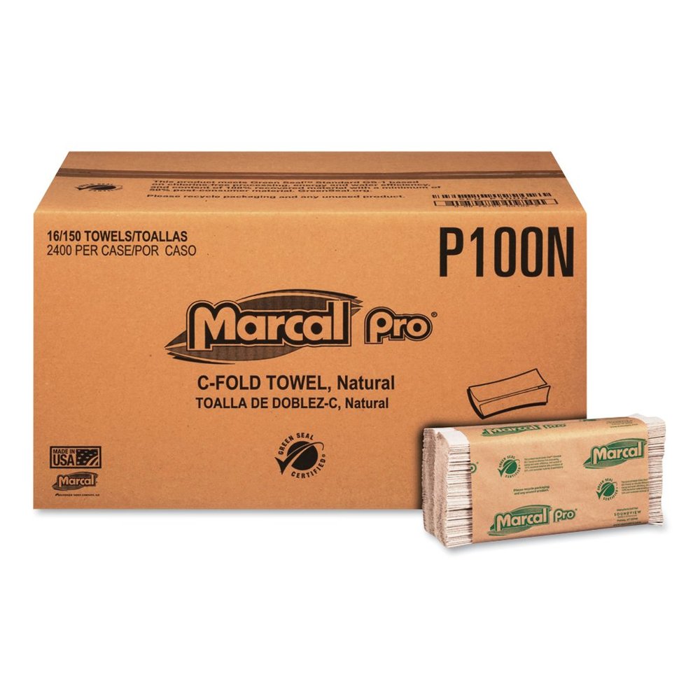 Marcal PRO Folded Paper Towels, 1-Ply, 10 1/8" x 12 7/8 ", 150/Pack, 16 Packs/CT